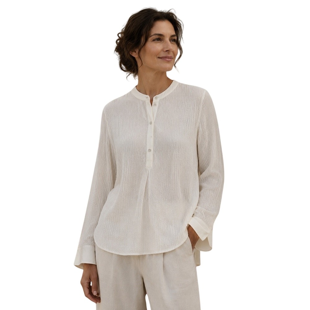 Vince Silk Blend Textured Cream Ivory Henley Tunic Blouse Shirt ‎ size 12